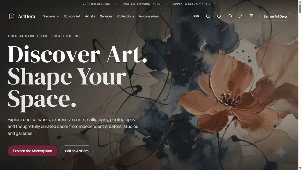 ArtDera marketplace homepage with artwork discovery